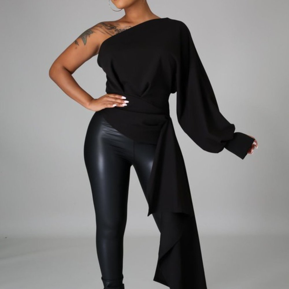 Women's One Shoulder Waist Asymmetrical Draped Blouse Top